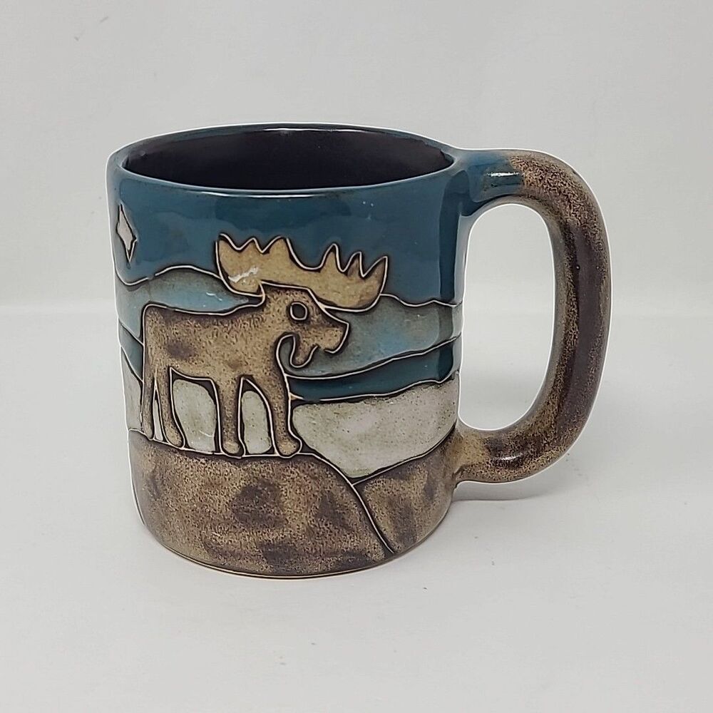 Mara Stoneware Moose Coffee Mug Large 16 Oz Made in Mexico Pottery Blue Brown